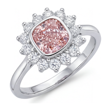 Afbeelding in Gallery-weergave laden, Verlovingsring met roze edelsteen, 1 karaat labgekweekte kussenvormige diamant, halo, 14K witgoud