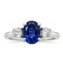 Afbeelding in Gallery-weergave laden, 1.5 ct ovale Sri Lanka saffier en Natuurlijke echte diamanten ( niet in een laboratorium gekweekt ) ring met drie stenen goud 14K