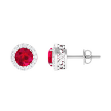 Afbeelding in Gallery-weergave laden, Robijn Rond Briljant Gemstone Earring in 14 Karaat Witgoud – vooraanzicht