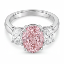 Afbeelding in Gallery-weergave laden, Roze verlovingsring 2,5 karaat labgekweekte ovale diamant driesteens 14k witgoud