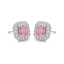 Afbeelding in Gallery-weergave laden, Roze diamanten oorbellen 2 karaat labgekweekt radiant halo 14K Witgoud