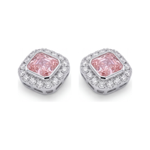 Afbeelding in Gallery-weergave laden, Roze diamanten oorbellen 2 karaat labgekweekt radiant halo 14K Witgoud