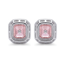 Afbeelding in Gallery-weergave laden, Roze diamanten oorbellen 2 karaat labgekweekt radiant halo 14K Witgoud