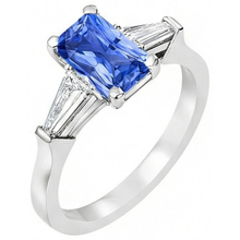 Afbeelding in Gallery-weergave laden, 2 karaat dames sieraden blauwe saffier ring taps toelopende stokbrood 3 steen