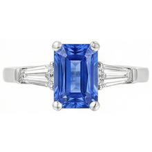 Afbeelding in Gallery-weergave laden, 2 karaat dames sieraden blauwe saffier ring taps toelopende stokbrood 3 steen
