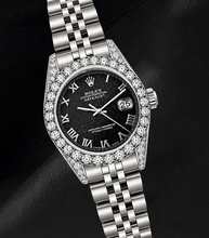 Afbeelding in Gallery-weergave laden, Rolex Datejust 6916 Zwarte Romeinse Wijzerplaat 26mm Diamanten Lunette Horloge Roestvrij Staal