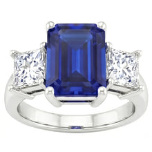 Afbeelding in Gallery-weergave laden, 3.05 ct. Emerald Ceylon Sapphire And Diamonds Three Stone Ring