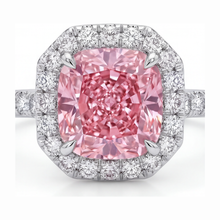 Afbeelding in Gallery-weergave laden, Roze diamanten ring 3,25 karaat labgekweekt kussenslijpsel halo pavé 14k witgoud