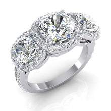 Afbeelding in Gallery-weergave laden, 3 Stenen Halo Kussen Echt Diamanten Verlovingsring Met Accenten 6 Karaat