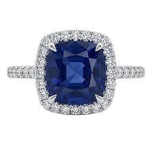 Afbeelding in Gallery-weergave laden, 3 ct kussen Sri Lanka blauwe saffier en halo Natuurlijke echte diamanten ( niet in een laboratorium gekweekt ) ring