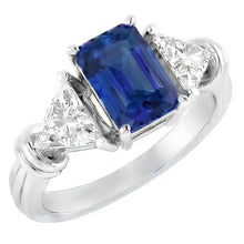 Afbeelding in Gallery-weergave laden, 3 steen Trilliant Natuurlijke echte diamant ( niet in het laboratorium gekweekt )en ring 1,50 karaat stralende gouden saffier 14K