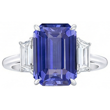 Afbeelding in Gallery-weergave laden, 3 steen blauwe saffier ring smaragd & trapezium Natuurlijke echte diamant ( niet in het laboratorium gekweekt )en 3,50 karaat