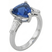 Afbeelding in Gallery-weergave laden, 3 stenen biljoen saffier ring taps toelopende stokbrood Natuurlijke echte diamant ( niet in het laboratorium gekweekt )en 4,50 karaat