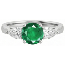 Afbeelding in Gallery-weergave laden, 3 stenen groene smaragd en Natuurlijke echte diamanten ( niet in een laboratorium gekweekt ) 3 karaat verlovingsring wit goud 14K