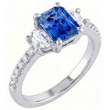 Afbeelding in Gallery-weergave laden, 3 stenen halve maan Natuurlijke echte diamant ( niet in het laboratorium gekweekt )en blauwe saffier ring met accenten 3 karaat