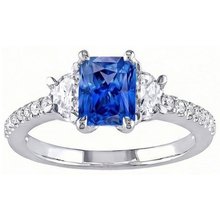 Afbeelding in Gallery-weergave laden, 3 stenen halve maan Natuurlijke echte diamant ( niet in het laboratorium gekweekt )en blauwe saffier ring met accenten 3 karaat