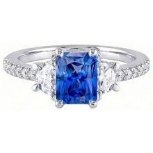 Afbeelding in Gallery-weergave laden, 3 stenen halve maan Natuurlijke echte diamant ( niet in het laboratorium gekweekt )en blauwe saffier ring met accenten 3 karaat