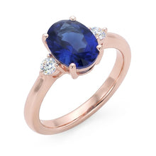 Afbeelding in Gallery-weergave laden, 3 stenen ovaal geslepen saffier ring met kleine ronde Natuurlijke echte diamant ( niet in het laboratorium gekweekt )en 2,25 karaat
