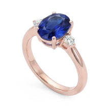 Afbeelding in Gallery-weergave laden, 3 stenen ovaal geslepen saffier ring met kleine ronde Natuurlijke echte diamant ( niet in het laboratorium gekweekt )en 2,25 karaat