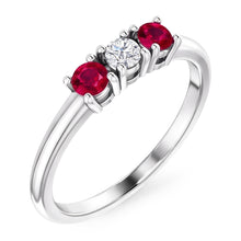 Afbeelding in Gallery-weergave laden, 3 stenen ring ronde Natuurlijke echte diamant ( niet in het laboratorium gekweekt ) robijn 0,60 karaat witgoud 14K