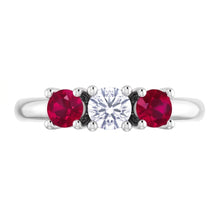 Afbeelding in Gallery-weergave laden, 3 stenen ring ronde Natuurlijke echte diamant ( niet in het laboratorium gekweekt ) robijn 0,60 karaat witgoud 14K