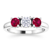 Afbeelding in Gallery-weergave laden, 3 stenen ring ronde Natuurlijke echte diamant ( niet in het laboratorium gekweekt ) robijn 0,60 karaat witgoud 14K
