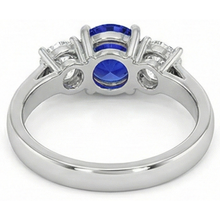 Afbeelding in Gallery-weergave laden, 3 stenen ronde blauwe saffier Natuurlijke echte diamanten ( niet in een laboratorium gekweekt ) ring 4 karaat griffen set goud 14K