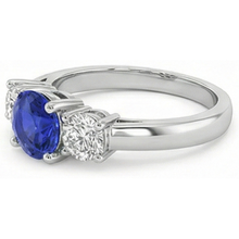 Afbeelding in Gallery-weergave laden, 3 stenen ronde blauwe saffier Natuurlijke echte diamanten ( niet in een laboratorium gekweekt ) ring 4 karaat griffen set goud 14K
