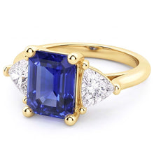 Afbeelding in Gallery-weergave laden, 3 stenen smaragd blauwe saffier ring met biljoen Natuurlijke echte diamant ( niet in het laboratorium gekweekt )en 2,50 karaat