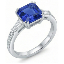 Afbeelding in Gallery-weergave laden, 3 stenen stijl Asscher saffier ring 3 karaat stokbrood & ronde Natuurlijke echte diamant ( niet in het laboratorium gekweekt )en