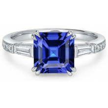 Afbeelding in Gallery-weergave laden, 3 stenen stijl Asscher saffier ring 3 karaat stokbrood & ronde Natuurlijke echte diamant ( niet in het laboratorium gekweekt )en