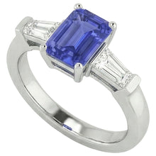 Afbeelding in Gallery-weergave laden, 3 stenen stokbrood Natuurlijke echte diamant ( niet in het laboratorium gekweekt )en blauwe saffier ring smaragd geslepen 1,75 karaat