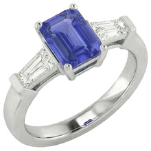 Afbeelding in Gallery-weergave laden, 3 stenen stokbrood Natuurlijke echte diamant ( niet in het laboratorium gekweekt )en blauwe saffier ring smaragd geslepen 1,75 karaat