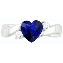 Afbeelding in Gallery-weergave laden, 3 stenen trouwring blauwe saffier hart & ronde Natuurlijke echte diamant ( niet in het laboratorium gekweekt )en 1,75 karaat