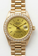 Afbeelding in Gallery-weergave laden, Dj Rolex President Horloge met Diamanten Lunette, Champagne Wijzerplaat met Streepindex, Goud