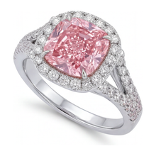 Afbeelding in Gallery-weergave laden, Labgekweekte roze diamanten ring 4,5 karaat kussenvormige halo 14k witgoud