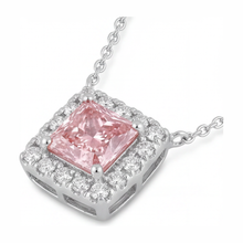 Afbeelding in Gallery-weergave laden, Roze diamanten ketting met 4,5 karaat labgekweekte radiant halo pavé hanger, 14k witgoud