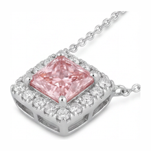 Afbeelding in Gallery-weergave laden, Roze diamanten ketting met 4,5 karaat labgekweekte radiant halo pavé hanger, 14k witgoud