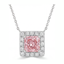 Afbeelding in Gallery-weergave laden, Roze diamanten ketting met 4,5 karaat labgekweekte radiant halo pavé hanger, 14k witgoud