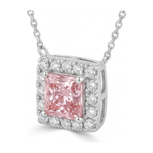 Afbeelding in Gallery-weergave laden, Roze diamanten ketting met 4,5 karaat labgekweekte radiant halo pavé hanger, 14k witgoud