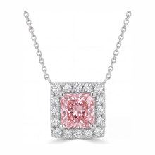 Afbeelding in Gallery-weergave laden, Roze diamanten ketting met 4,5 karaat labgekweekte radiant halo pavé hanger, 14k witgoud