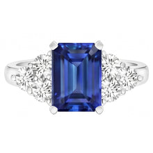 Afbeelding in Gallery-weergave laden, 4 ct Emerald Cut Ceylon blauwe saffier en ronde Natuurlijke echte diamanten ( niet in een laboratorium gekweekt ) trouwring