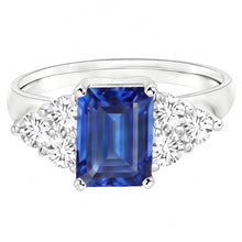 Afbeelding in Gallery-weergave laden, 4 ct Emerald Cut Ceylon blauwe saffier en ronde Natuurlijke echte diamanten ( niet in een laboratorium gekweekt ) trouwring