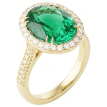 Afbeelding in Gallery-weergave laden, 4 ct ovaal geslepen groene smaragd met Halo Natuurlijke echte diamanten ( niet in een laboratorium gekweekt ) ring 14K geel goud