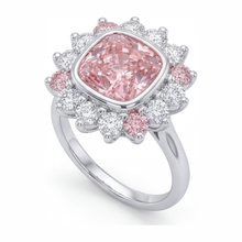 Afbeelding in Gallery-weergave laden, 14K witgouden halo ring met 5,5 karaat labgekweekte fancy roze kussengeslepen diamant
