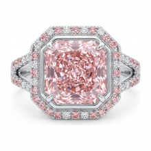 Afbeelding in Gallery-weergave laden, Roze verlovingsring met 5,5 karaat labgekweekte radiant diamant, halo en gespleten scheen in 14k witgoud