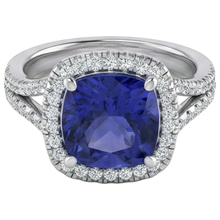 Afbeelding in Gallery-weergave laden, 5,70 ct groot kussen tanzaniet & ronde diamanten ring wit goud 14k