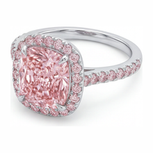 Afbeelding in Gallery-weergave laden, Labgekweekte roze diamant verlovingsring 6 karaat kussengeslepen halo pavé 14k witgoud