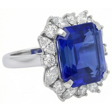 Afbeelding in Gallery-weergave laden, 7 Karaat Blauwe Asscher Saffier IGI GECERTIFICEERDE Diamanten Ring