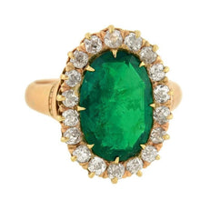 Afbeelding in Gallery-weergave laden, 7,50 karaat ovale groene smaragd en ronde diamanten ring geel goud 14K